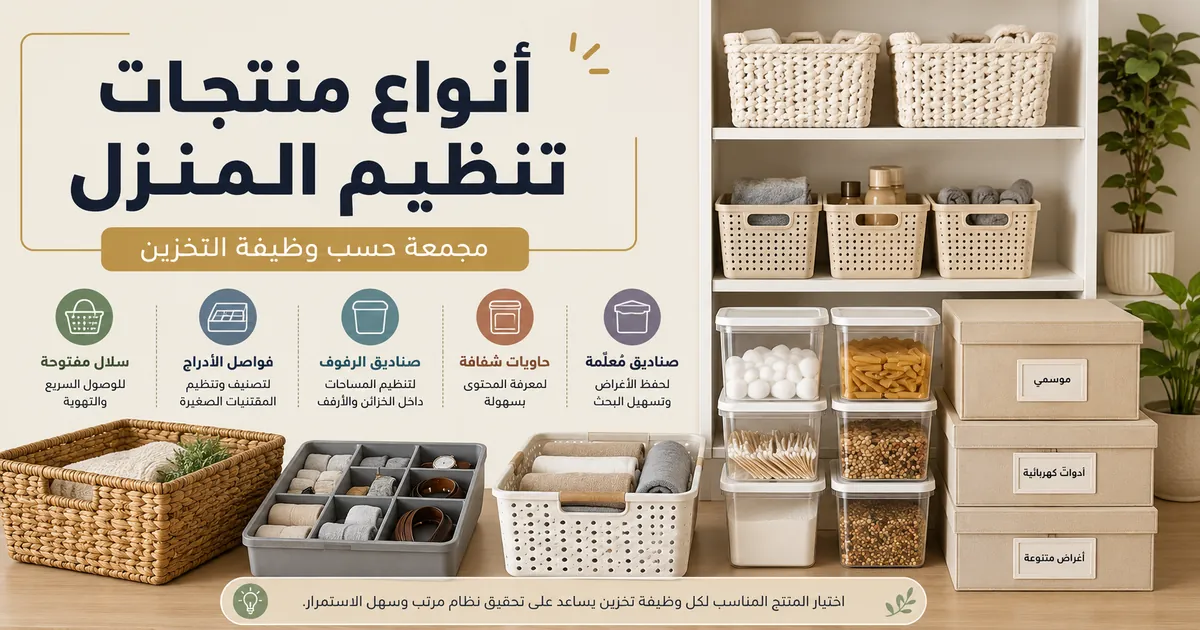 أنواع مختلفة من منتجات تنظيم المنزل مجمعة حسب وظيفة التخزين