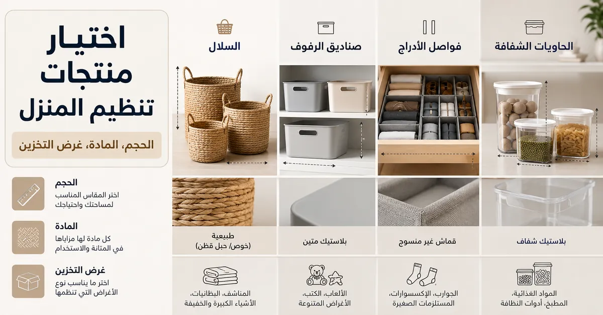 منتجات تنظيم المنزل تتم مقارنتها حسب الحجم والمادة وغرض التخزين