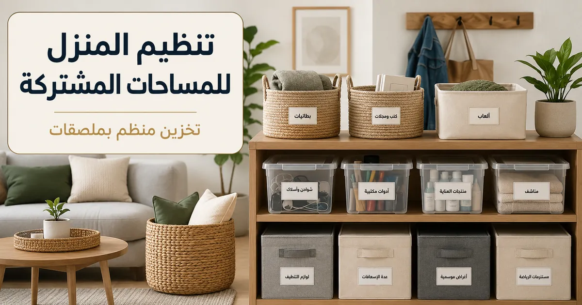 منتجات تنظيم المنزل مرتبة وموضحة بملصقات للمساحات المشتركة