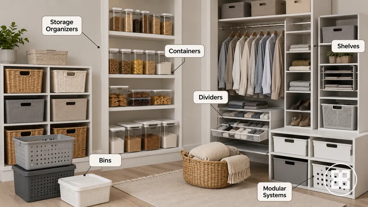 Ordnungsprodukte für Zuhause, darunter Boxen, Körbe, Behälter, Trennwände, Regale, Schrankhilfen, Vorratsbehälter und modulare Systeme, angeordnet in einer häuslichen Aufbewahrungsumgebung