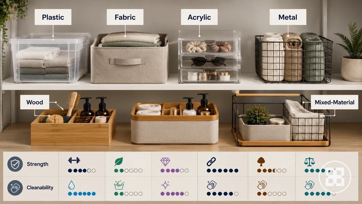 Häufige Organizer-Materialien im Vergleich: Kunststoff, Stoff, Acryl, Metall und Holz