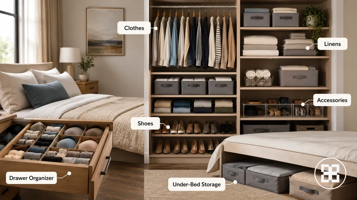 Schlafzimmer- und Kleiderschrankorganizer angeordnet für Kleidung, Schuhe, Bettwäsche und Accessoires mit gruppierten Aufbewahrungsbereichen