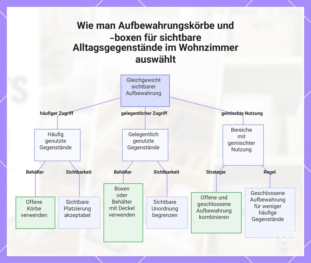 Wie man Aufbewahrungskörbe und -boxen für sichtbare Alltagsgegenstände im Wohnzimmer auswählt