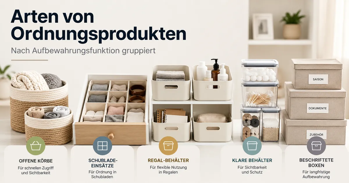 Verschiedene Arten von Ordnungsprodukten für Zuhause nach Aufbewahrungsfunktion gruppiert