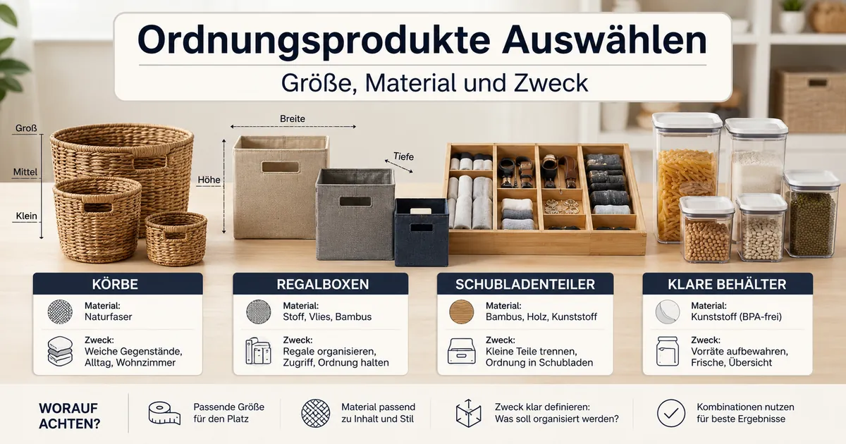 Ordnungsprodukte für Zuhause im Vergleich nach Größe, Material und Aufbewahrungszweck