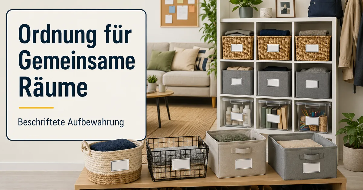 Beschriftete Ordnungsprodukte für Zuhause, angeordnet für gemeinsam genutzte Räume