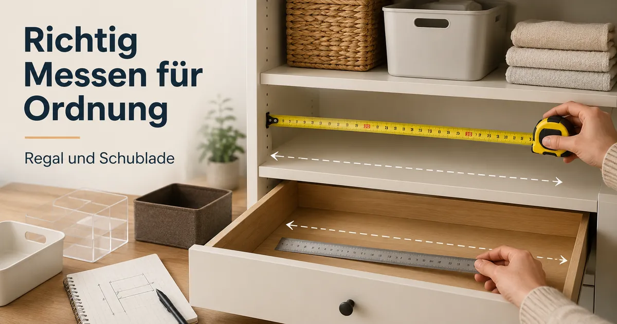 Ein Regal und eine Schubladenfläche werden vor der Auswahl von Ordnungsprodukten für Zuhause ausgemessen