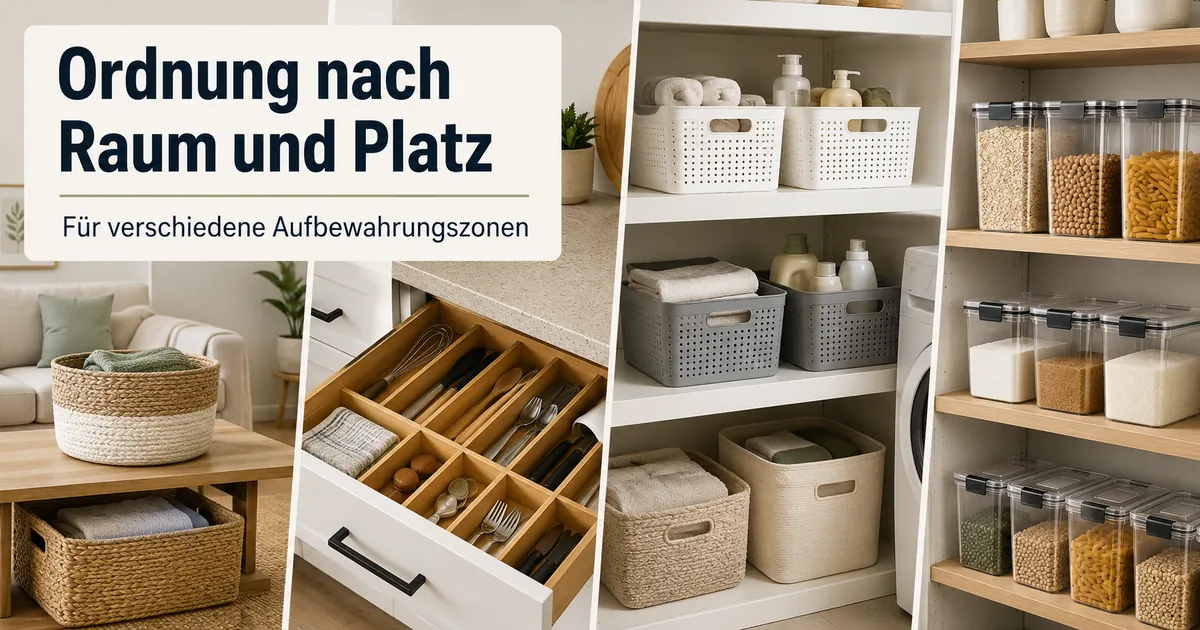 Ordnungsprodukte für Zuhause in verschiedenen Räumen und Aufbewahrungszonen