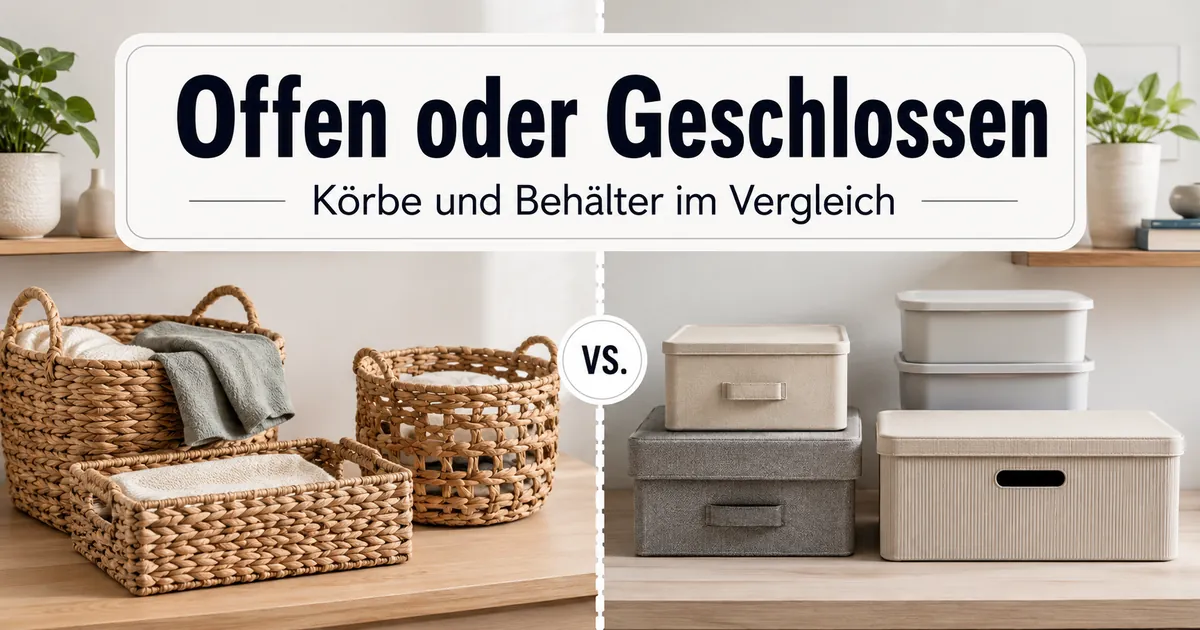 Offene Körbe und geschlossene Behälter als Ordnungsprodukte für Zuhause