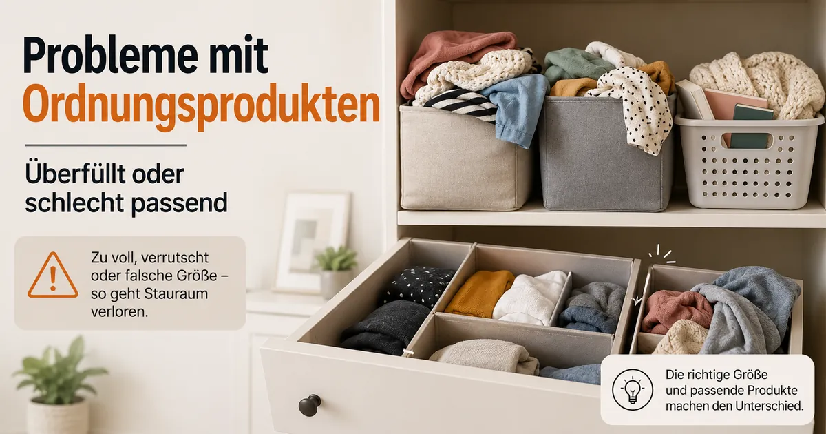 Überfüllte und schlecht passende Ordnungsprodukte für Zuhause mit typischen Aufbewahrungsfehlern