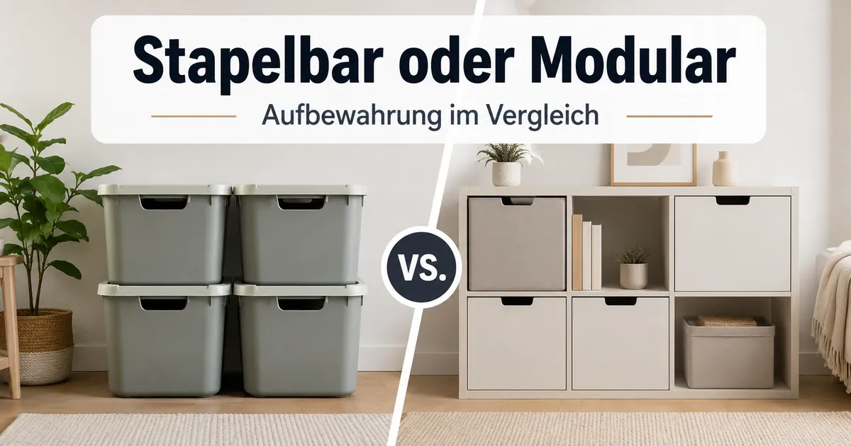 Stapelbare und modulare Ordnungsprodukte für Zuhause nebeneinander dargestellt
