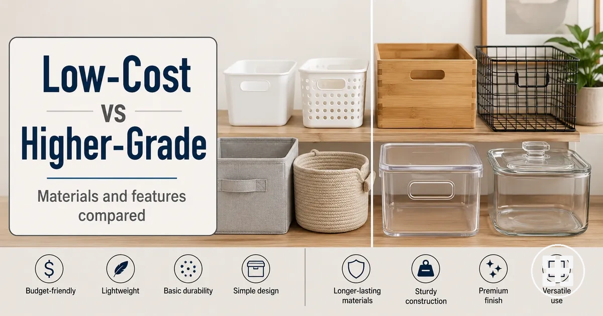 Budget and premium home organization products compared by materials and features