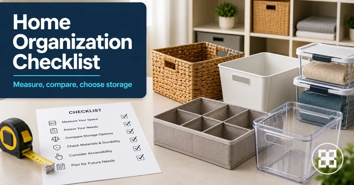 Checklist beside home organization products for measuring, comparing, and choosing storage options