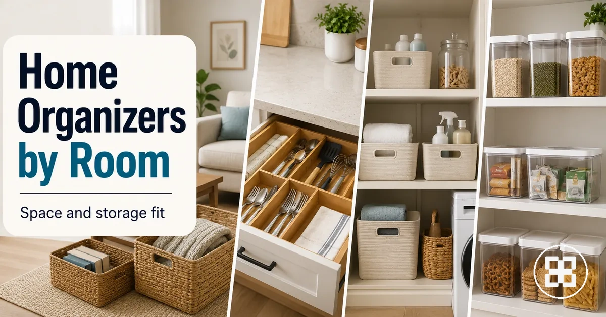Home organization products placed in different rooms and storage spaces