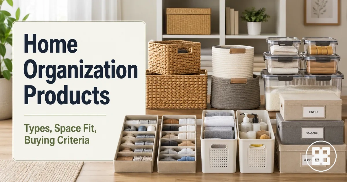 Organized home storage products arranged by type, size, and room use