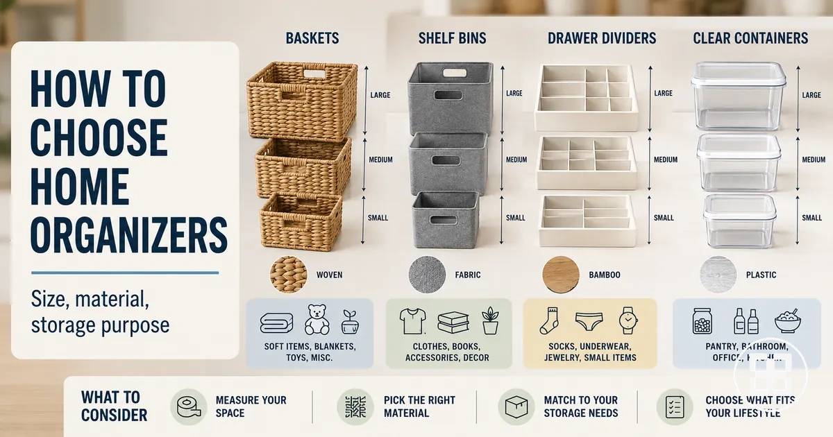 Home organization products being compared by size, material, and storage purpose