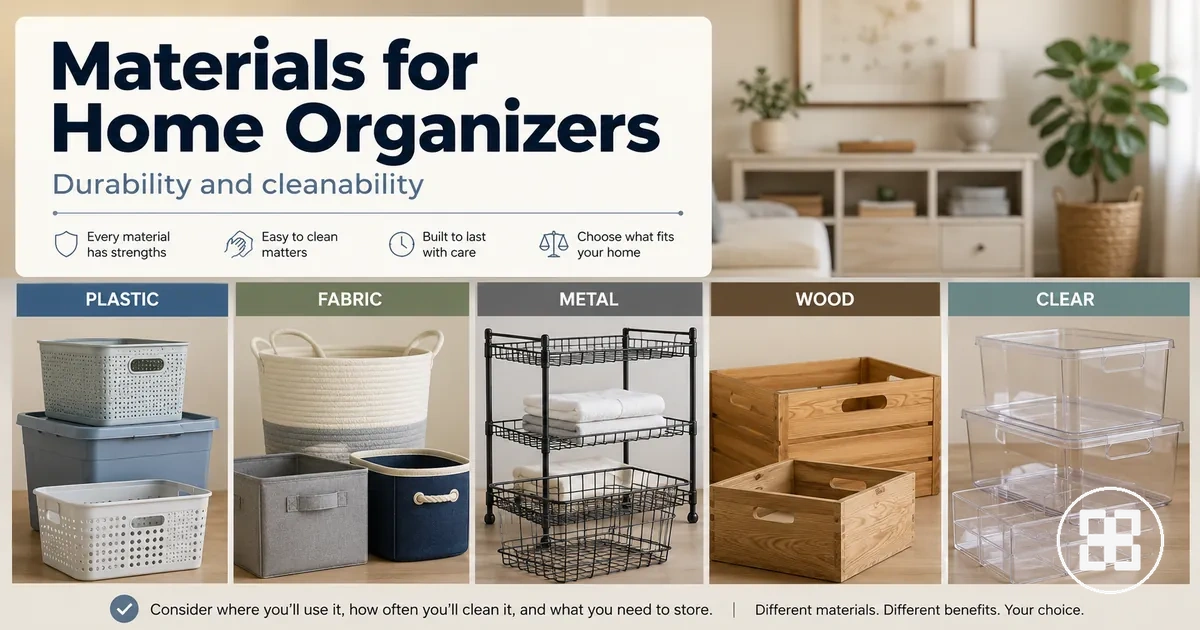 Home organization products made from plastic, fabric, metal, wood, and clear materials