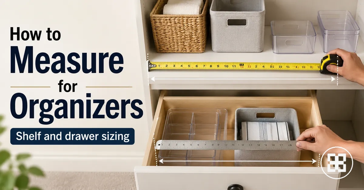 Measuring a shelf and drawer area before choosing home organization products