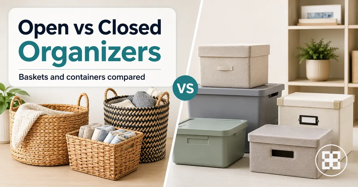 Open baskets and closed containers used as home organization products