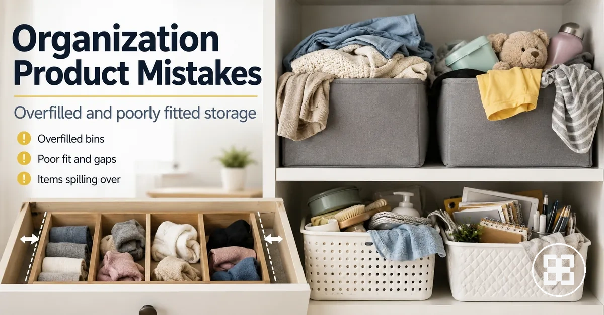 Overfilled and poorly fitted home organization products showing common storage mistakes