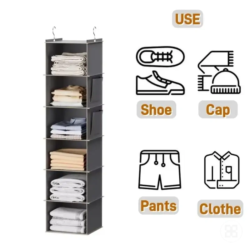 Foldable six shelf hanging closet organizer for shoes, caps, clothes, and pants