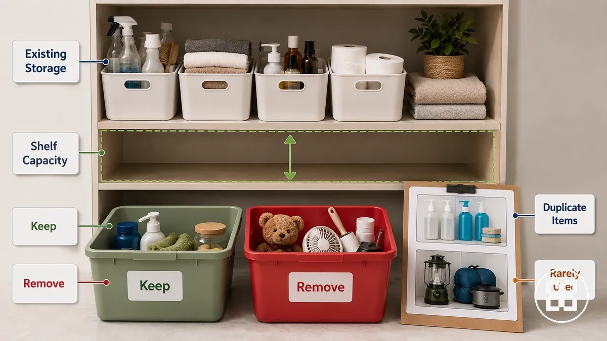 existing storage bins and household items sorted before buying organizers