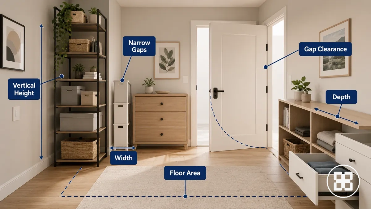 Comparing floor area, vertical height, and narrow gaps when selecting storage organizers