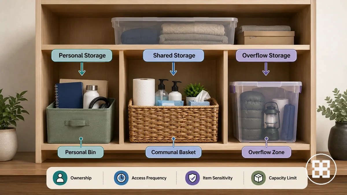 Personal shared and overflow storage boundaries shown with labeled bins in a shared area
