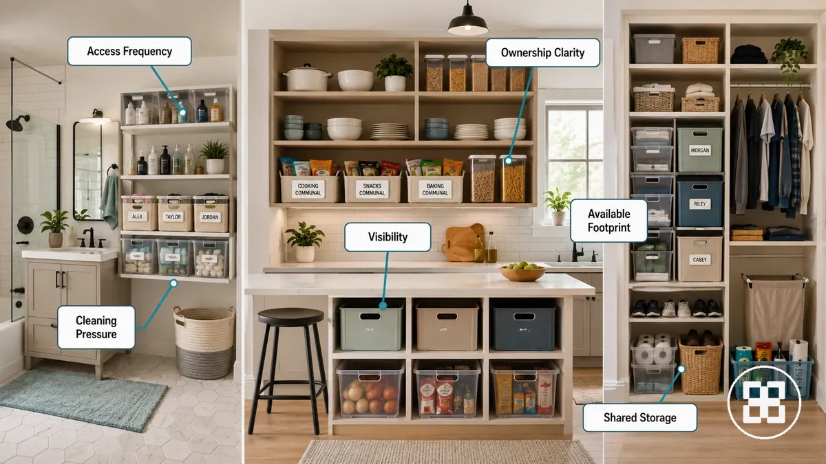 Shared storage organizers with labeled zones for multiple users