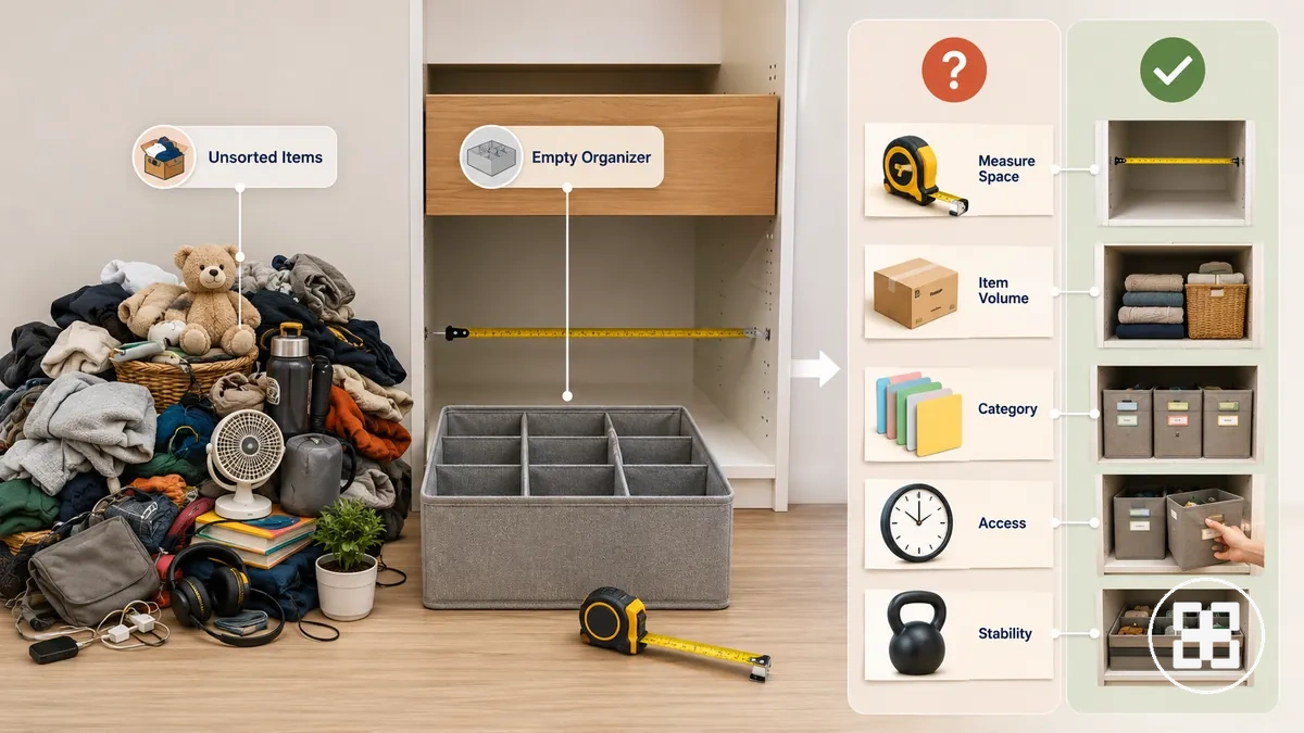 Storage items and organizer shown before the storage problem has been clearly measured or sorted
