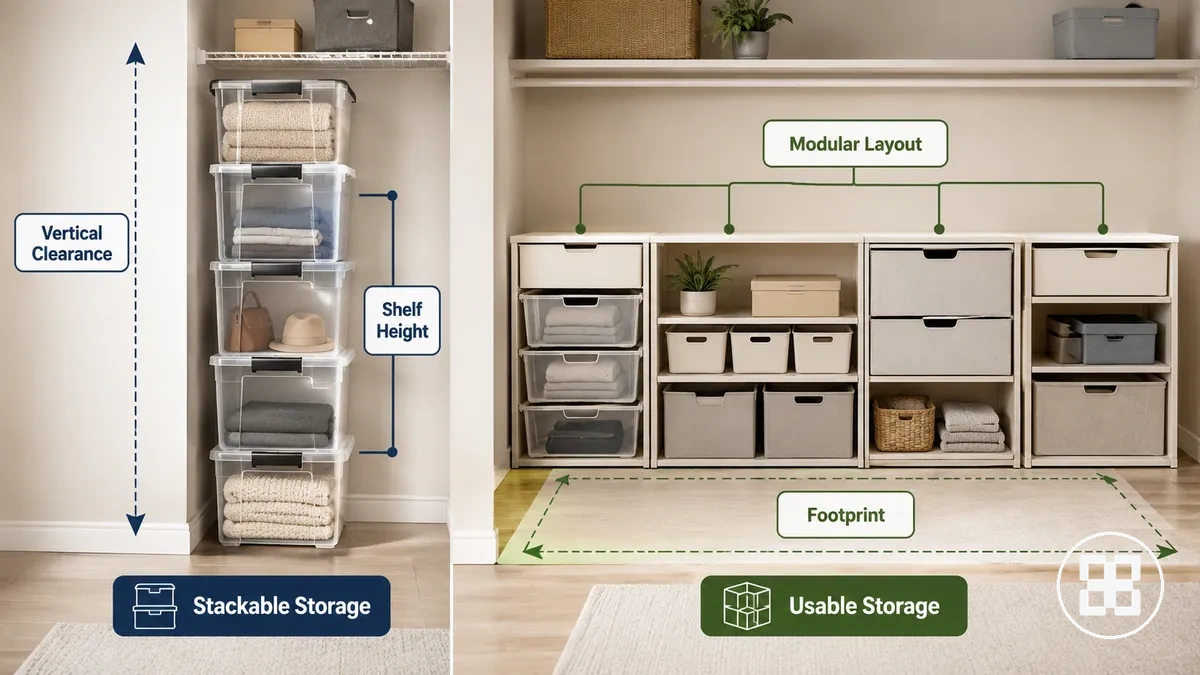 Diagram comparing clearance and footprint for stackable and modular storage