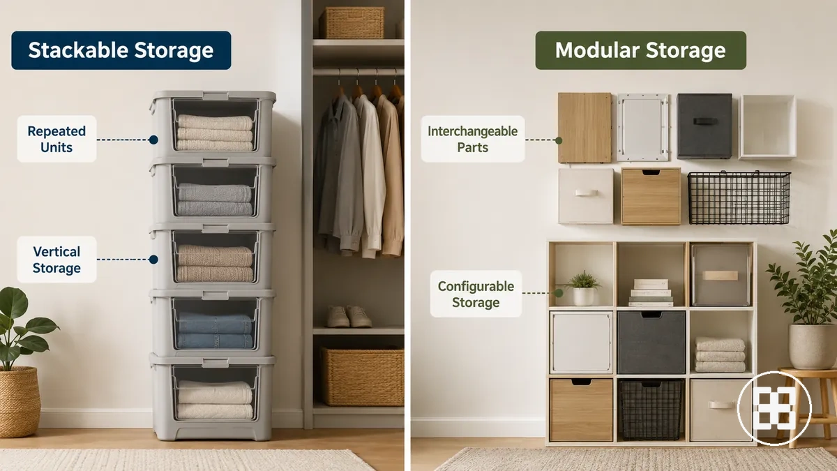 Diagram showing what stackable and modular storage mean with repeated units and interchangeable parts