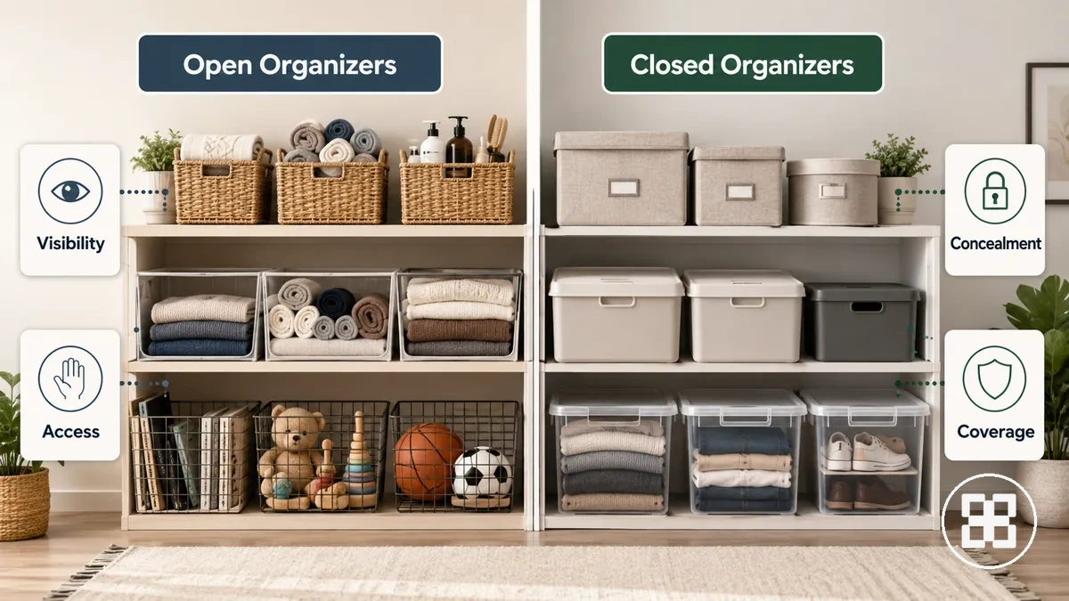 Open baskets and closed containers compared by visibility and storage coverage