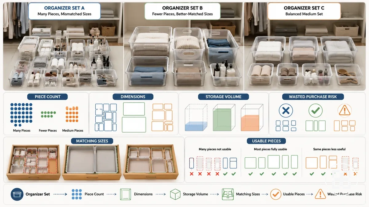 Organizer sets compared by piece count, dimensions, storage volume, and usable fit