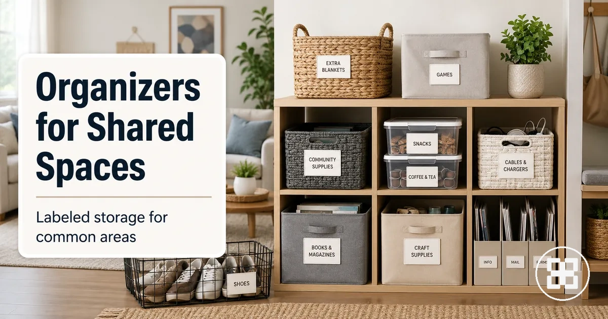 Labeled home organization products arranged for shared living spaces