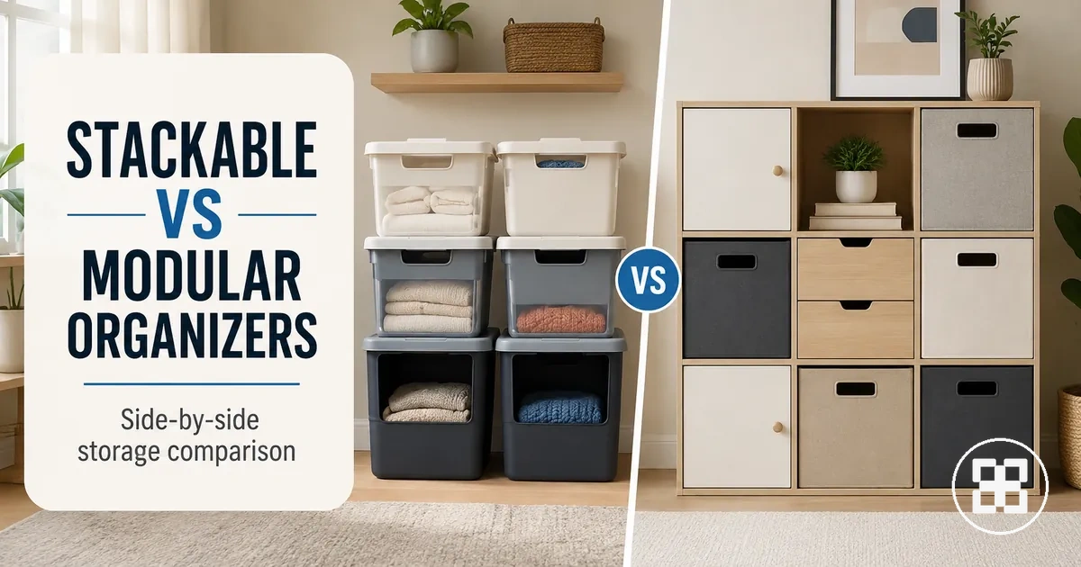 Stackable and modular home organization products shown side by side