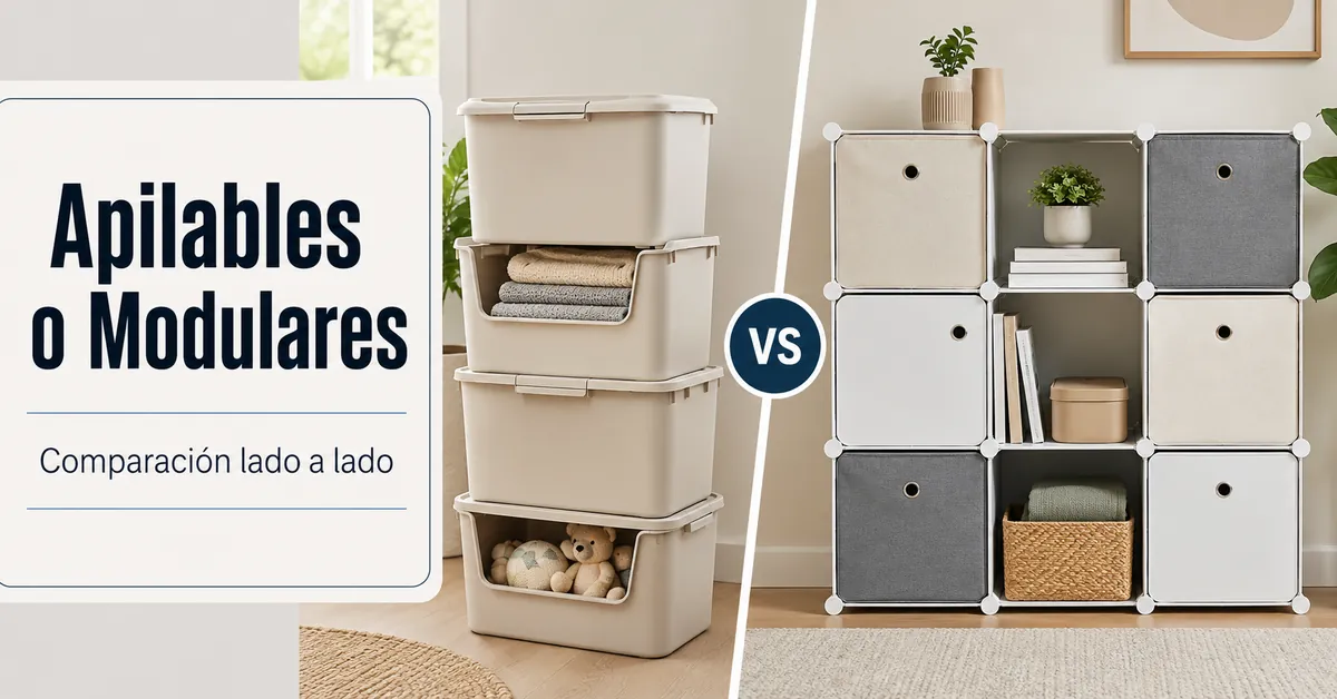Productos de organización del hogar apilables y modulares mostrados uno junto a otro
