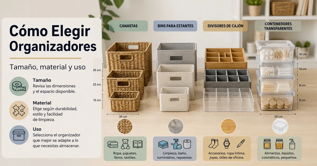 Productos de organización del hogar comparados por tamaño, material y uso de almacenaje