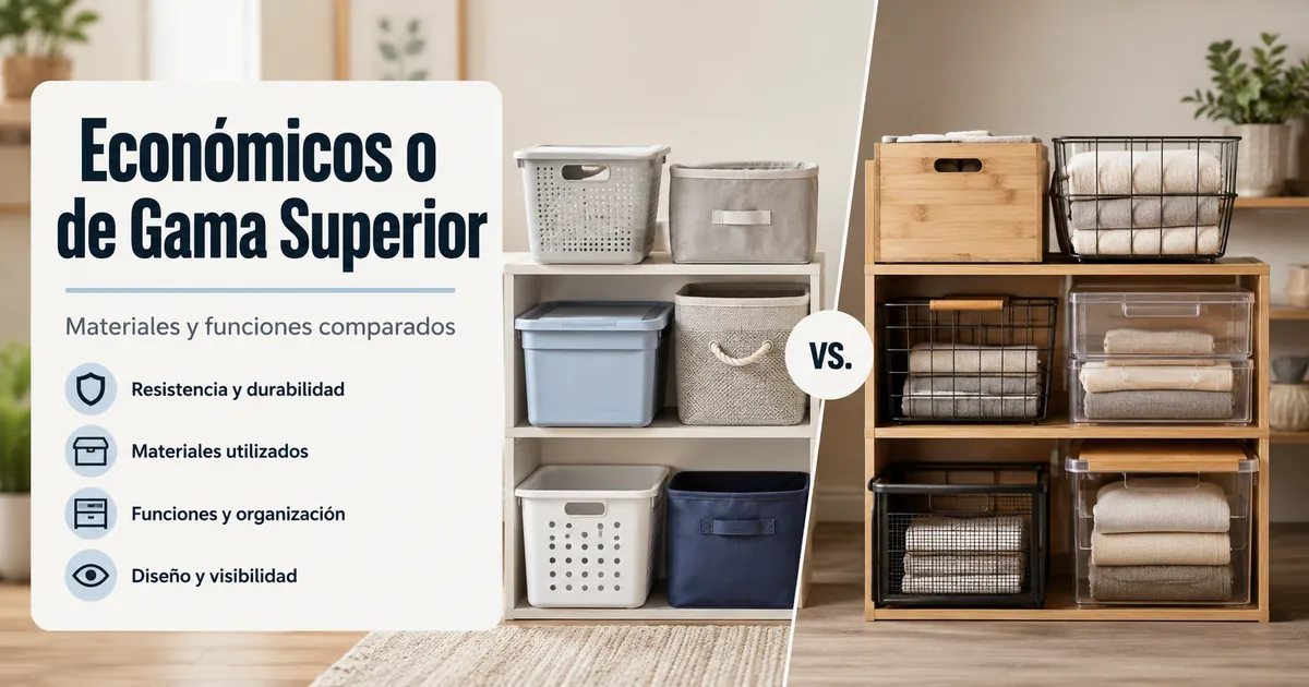 Productos de organización del hogar económicos y de gama superior comparados por materiales y funciones