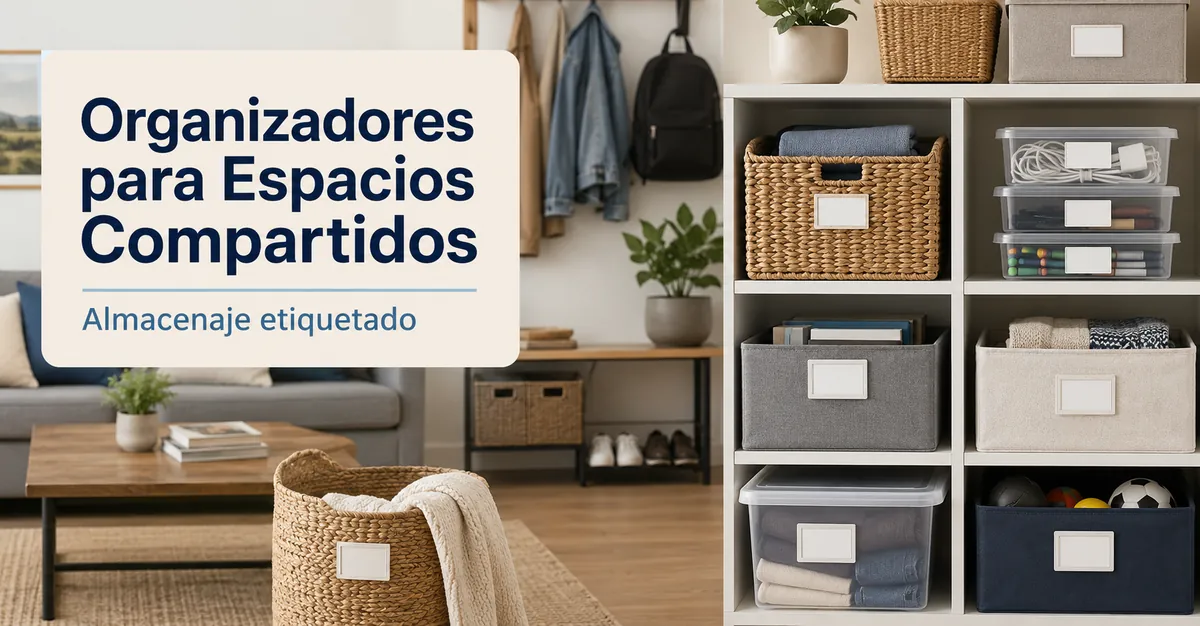 Productos de organización del hogar etiquetados y ordenados para espacios compartidos
