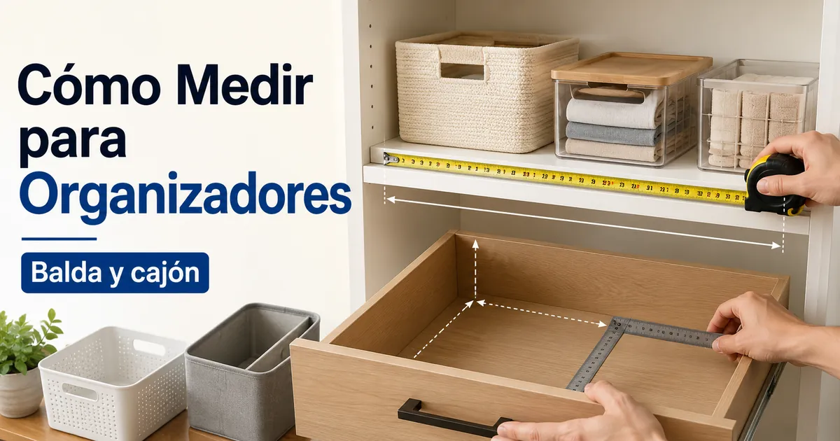 Medición de una balda y un cajón antes de elegir productos de organización del hogar