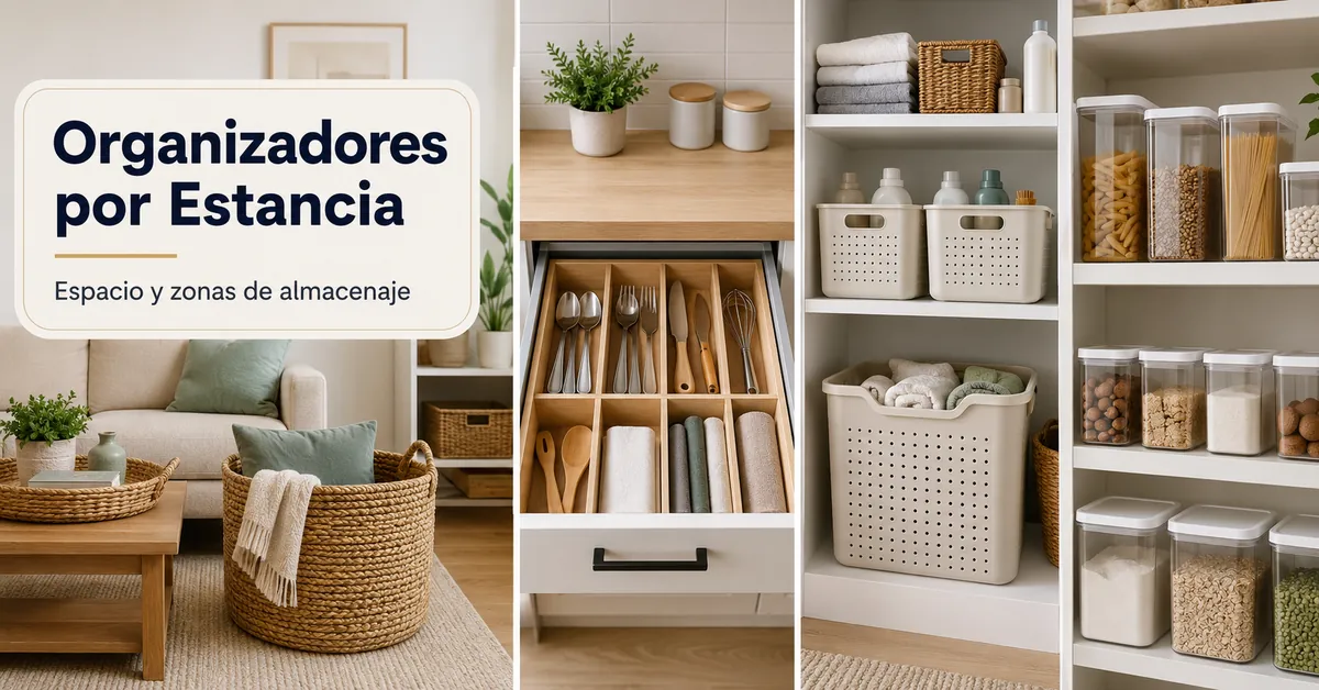 Productos de organización del hogar colocados en distintas estancias y zonas de almacenaje