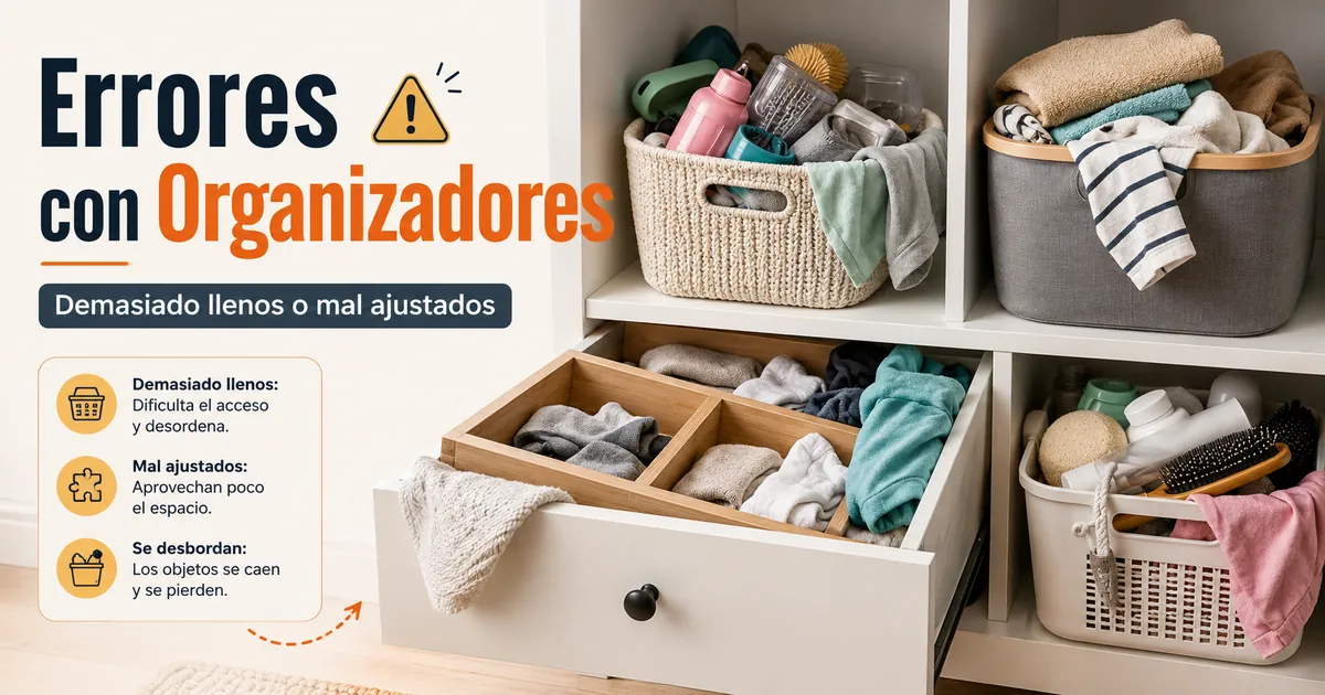 Productos de organización del hogar demasiado llenos o mal ajustados que muestran errores comunes de almacenaje