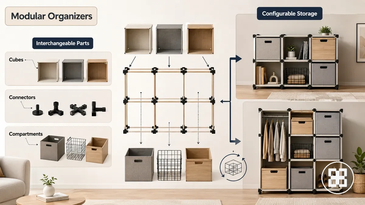 Piezas de organizador modular dispuestas para crear almacenamiento configurable