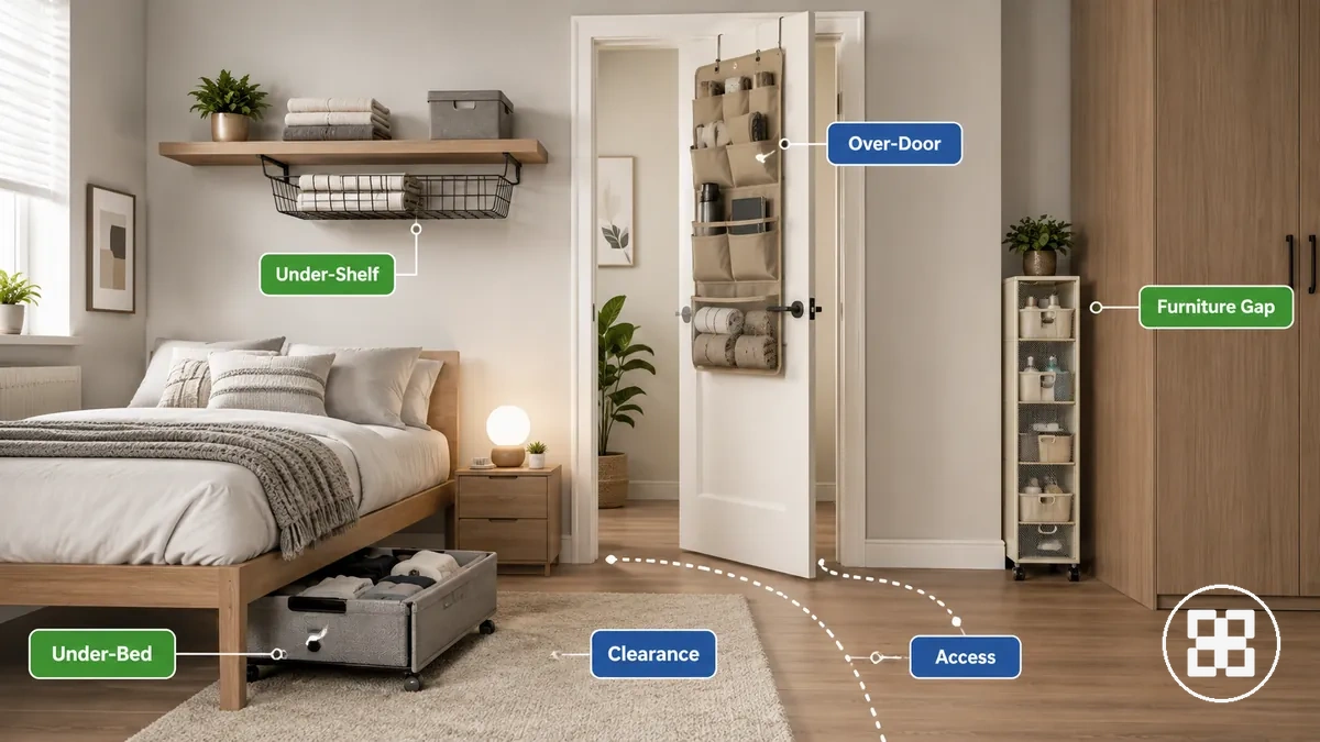 Zonas de almacenamiento oculto debajo de camas, detrás de puertas, bajo estantes y junto a muebles