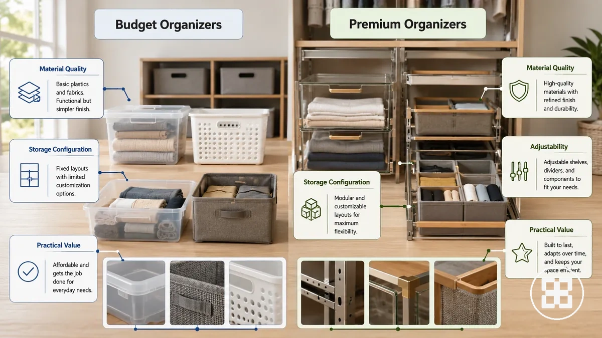Comparaison des organisateurs d entree de gamme et haut de gamme selon la qualite de construction, les fonctionnalites et la configuration de rangement