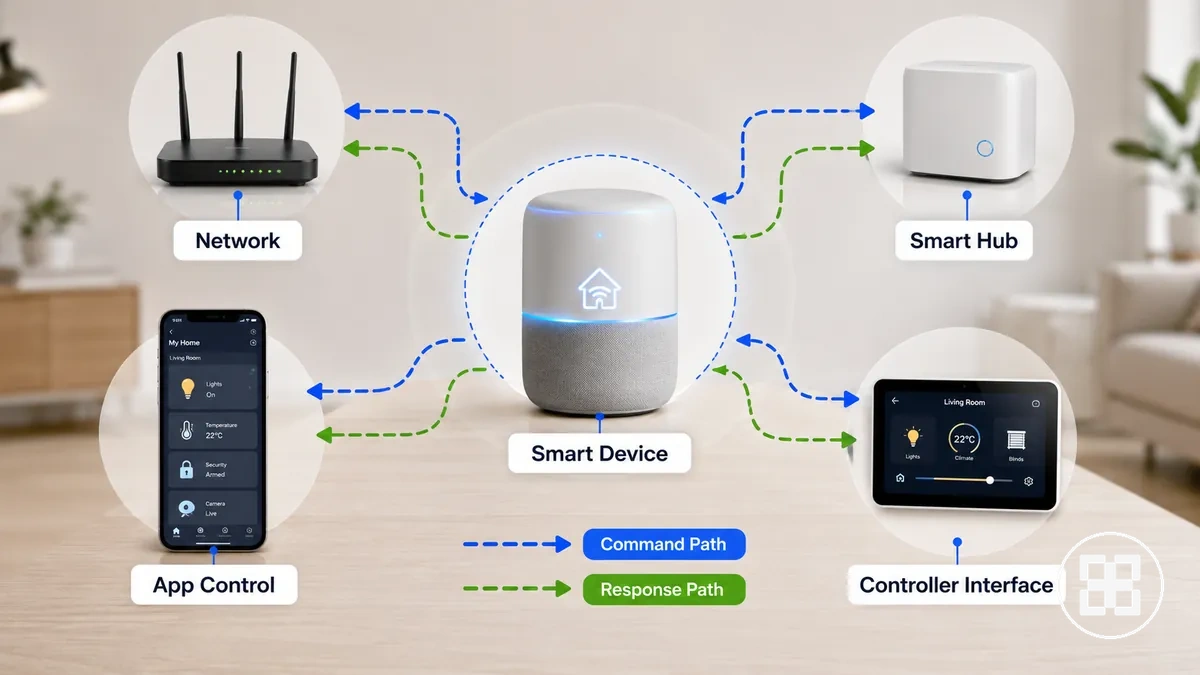 Diagramme montrant comment fonctionne la connectivité des appareils domestiques intelligents entre un appareil, un routeur, un hub et une application
