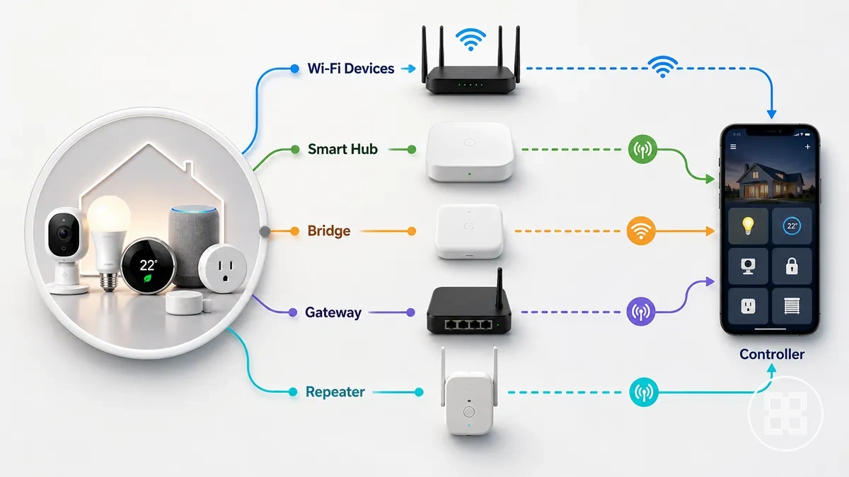 Graphique comparatif des voies de connexion Wi-Fi, hub, pont, passerelle et répéteur pour les appareils domestiques intelligents