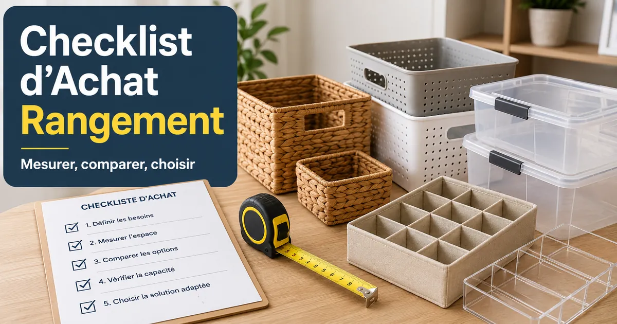 Checklist à côté de produits de rangement pour la maison pour mesurer, comparer et choisir des solutions de stockage