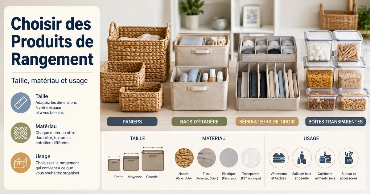 Produits de rangement pour la maison comparés par taille, matériau et usage de stockage